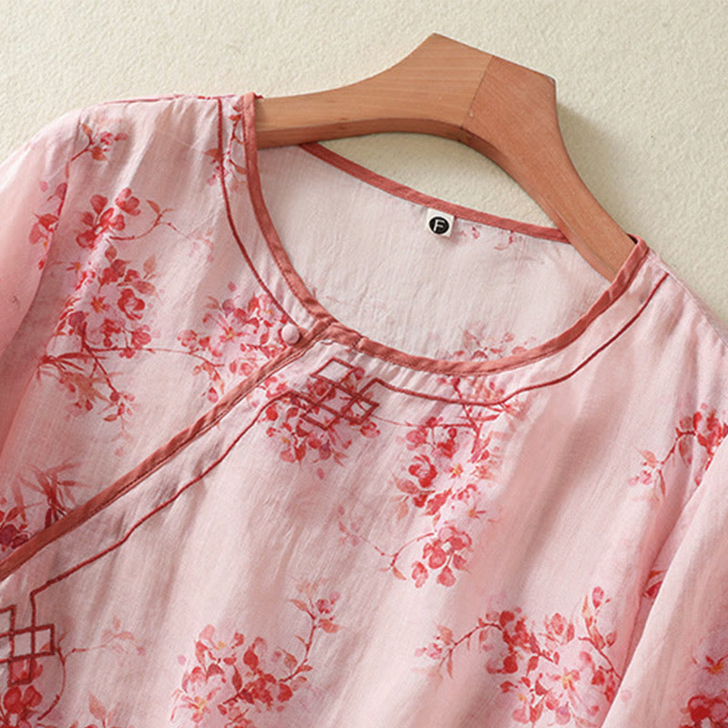 Buddha Stones Camisas de manga tres cuartos para mujer con cuello redondo, cuello redondo y estampado floral de ranas de verano. - image 9