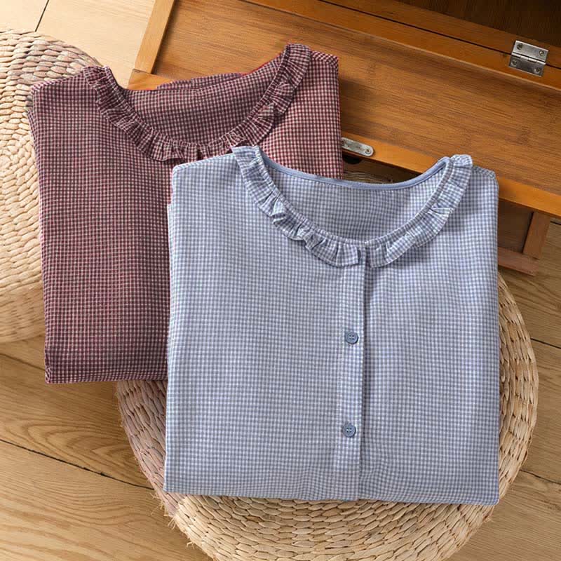 Buddha Stones Camisas de manga larga a cuadros con botones para mujer, ideales para la primavera. - image 19