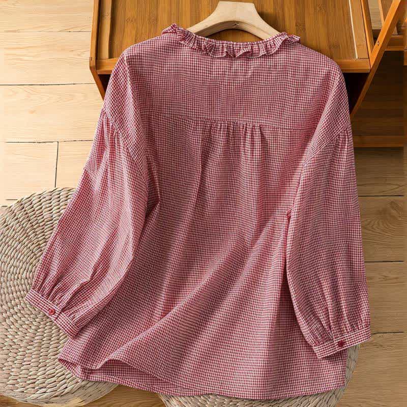 Buddha Stones Camisas de manga larga a cuadros con botones para mujer, ideales para la primavera. - image 1