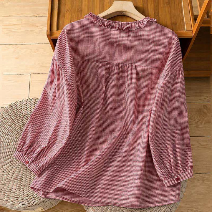 Buddha Stones Camisas de manga larga a cuadros con botones para mujer, ideales para la primavera. - image 1