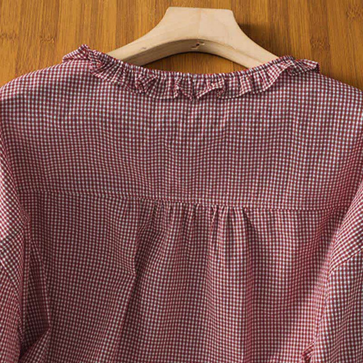 Buddha Stones Camisas de manga larga a cuadros con botones para mujer, ideales para la primavera. - image 4