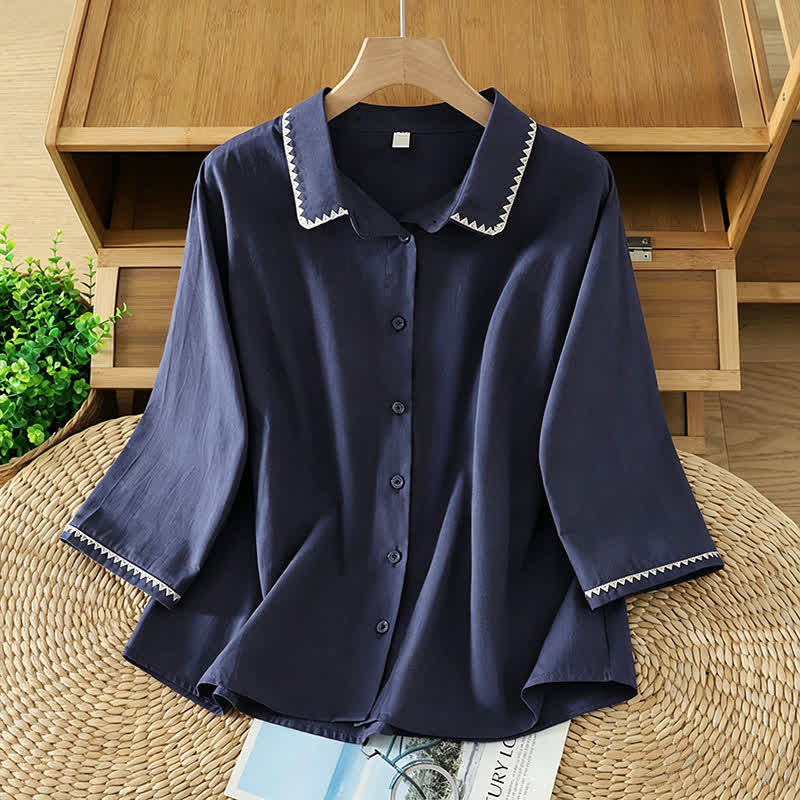Buddha Stones Camisas de manga corta para mujer, estilo casual veraniego, minimalistas, con estampado de líneas onduladas y botones. - Azul medianoche - US8-10, UK/AU12-14, EU40-42 (2XL) - image 0