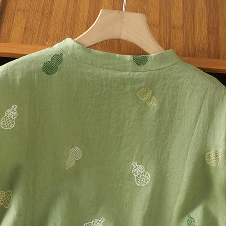 Buddha Stones Camisas de manga corta para mujer estilo Tang de verano con cuello mandarín, botones de rana y bordado de calabaza. - image 4