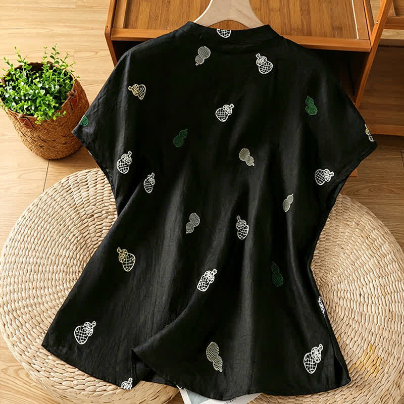 Buddha Stones Camisas de manga corta para mujer estilo Tang de verano con cuello mandarín, botones de rana y bordado de calabaza. - image 8