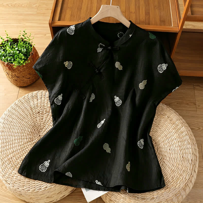 Buddha Stones Camisas de manga corta para mujer estilo Tang de verano con cuello mandarín, botones de rana y bordado de calabaza. - Negro - US12, UK/AU16, EU44 (2XL) - image 7