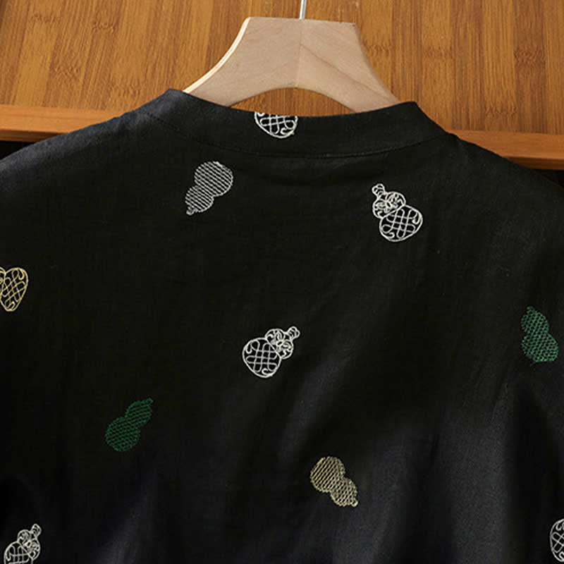 Buddha Stones Camisas de manga corta para mujer estilo Tang de verano con cuello mandarín, botones de rana y bordado de calabaza. - image 10