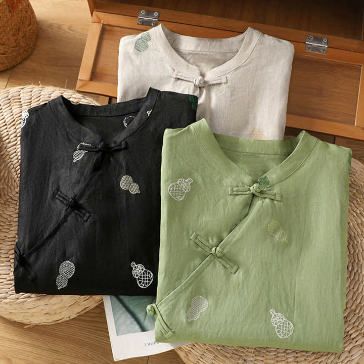 Buddha Stones Camisas de manga corta para mujer estilo Tang de verano con cuello mandarín, botones de rana y bordado de calabaza. - image 20