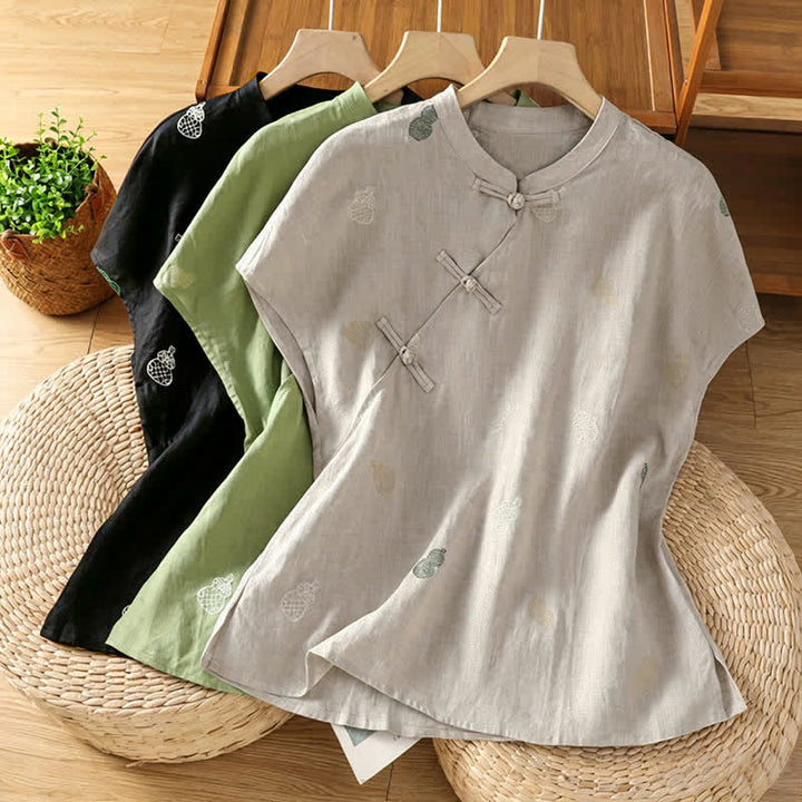 Buddha Stones Camisas de manga corta para mujer estilo Tang de verano con cuello mandarín, botones de rana y bordado de calabaza. - image 19