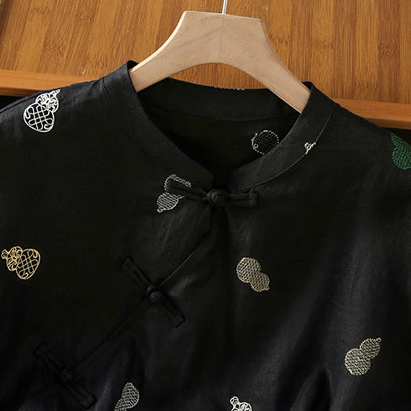 Buddha Stones Camisas de manga corta para mujer estilo Tang de verano con cuello mandarín, botones de rana y bordado de calabaza. - image 9