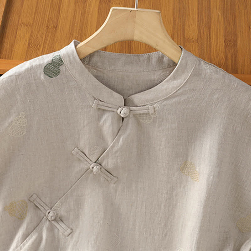 Buddha Stones Camisas de manga corta para mujer estilo Tang de verano con cuello mandarín, botones de rana y bordado de calabaza. - image 14