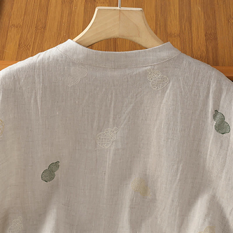 Buddha Stones Camisas de manga corta para mujer estilo Tang de verano con cuello mandarín, botones de rana y bordado de calabaza. - image 15
