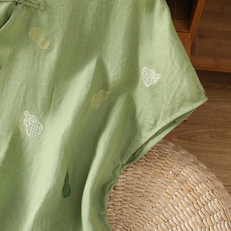 Buddha Stones Camisas de manga corta para mujer estilo Tang de verano con cuello mandarín, botones de rana y bordado de calabaza. - image 3