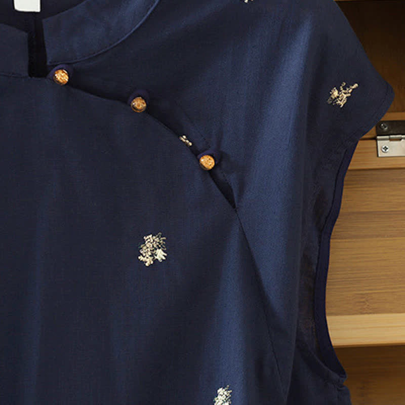 Buddha Stones Camiseta sin mangas de verano estilo Tang con cuello mandarín y bordado floral pequeño para mujer. - image 11