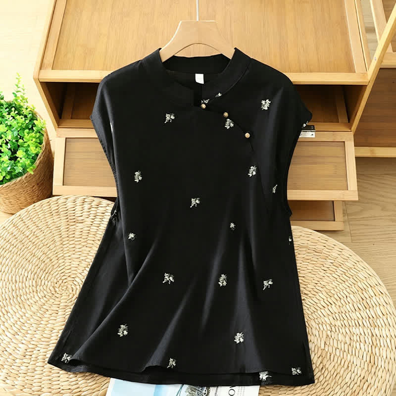 Buddha Stones Camiseta sin mangas de verano estilo Tang con cuello mandarín y bordado floral pequeño para mujer. - Negro - US12, UK/AU16, EU44 (2XL) - image 0