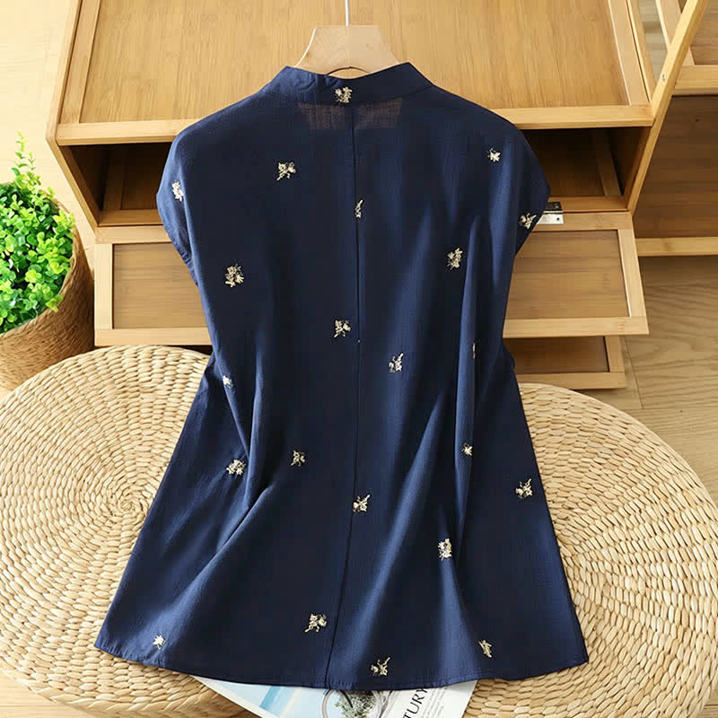 Buddha Stones Camiseta sin mangas de verano estilo Tang con cuello mandarín y bordado floral pequeño para mujer. - image 7