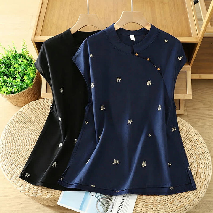 Buddha Stones Camiseta sin mangas de verano estilo Tang con cuello mandarín y bordado floral pequeño para mujer. - image 16
