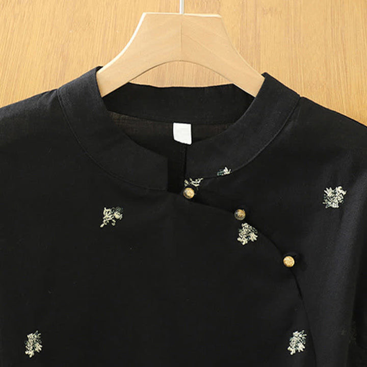 Buddha Stones Camiseta sin mangas de verano estilo Tang con cuello mandarín y bordado floral pequeño para mujer. - image 1