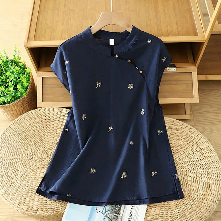 Buddha Stones Camiseta sin mangas de verano estilo Tang con cuello mandarín y bordado floral pequeño para mujer. - Azul medianoche - US12, UK/AU16, EU44 (2XL) - image 6