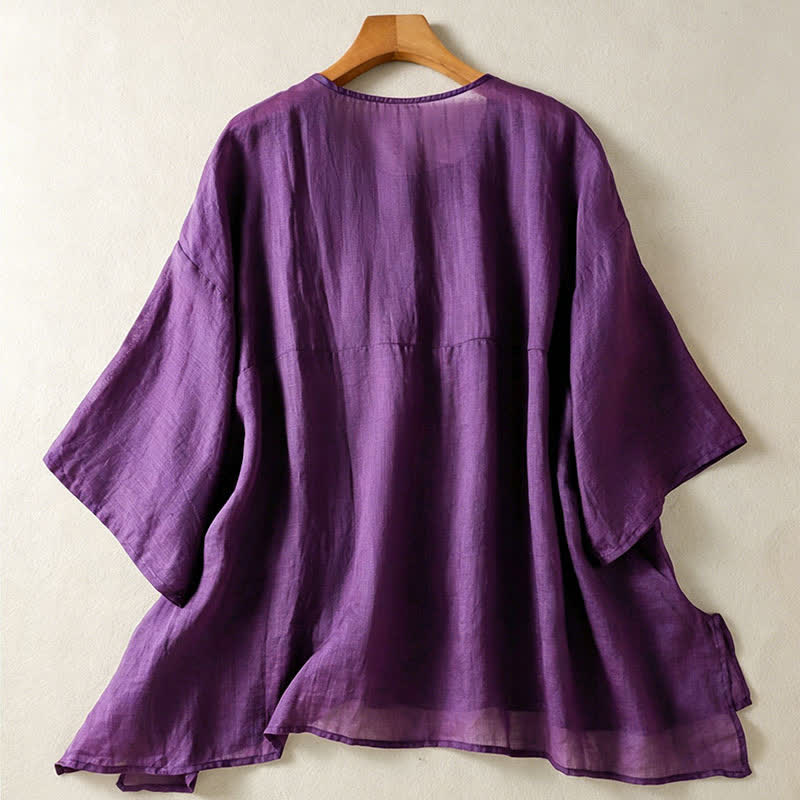 Camisa de manga corta para mujer, estilo bohemio casual de verano con estampado de Buddha Stones , bolsillo de parche, medio botón y manga acampanada. - image 1