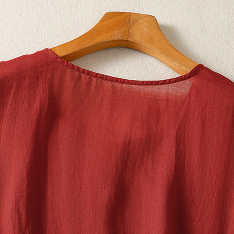 Camisa de manga corta para mujer, estilo bohemio casual de verano con estampado de Buddha Stones , bolsillo de parche, medio botón y manga acampanada. - image 11