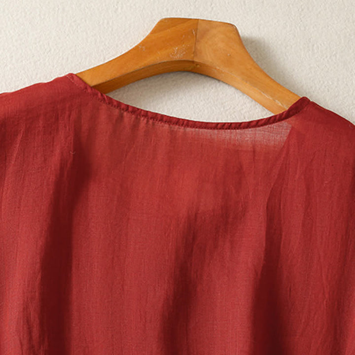 Camisa de manga corta para mujer, estilo bohemio casual de verano con estampado de Buddha Stones , bolsillo de parche, medio botón y manga acampanada. - image 11