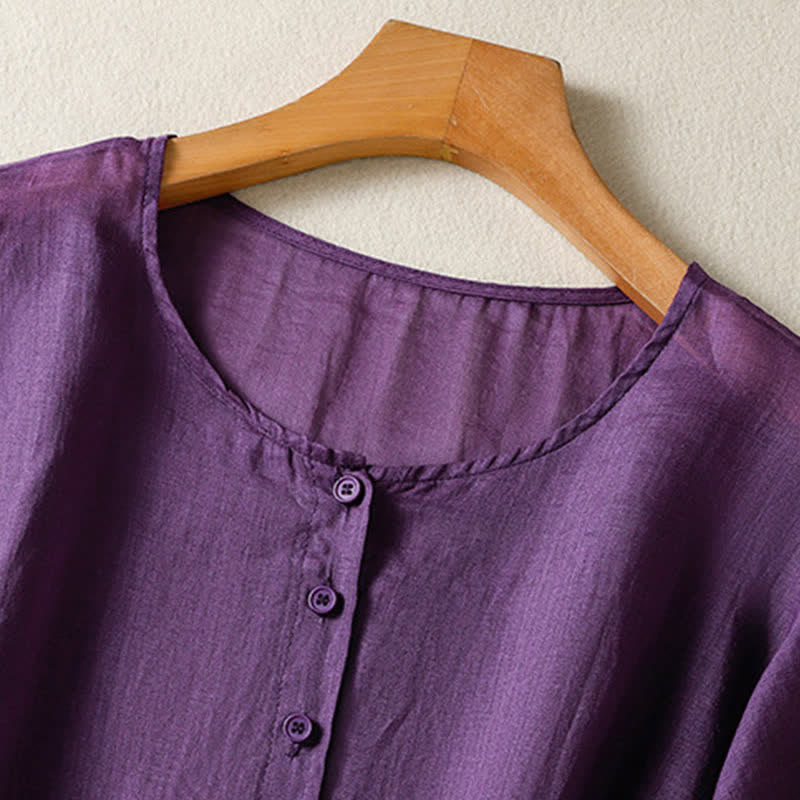 Camisa de manga corta para mujer, estilo bohemio casual de verano con estampado de Buddha Stones , bolsillo de parche, medio botón y manga acampanada. - image 2