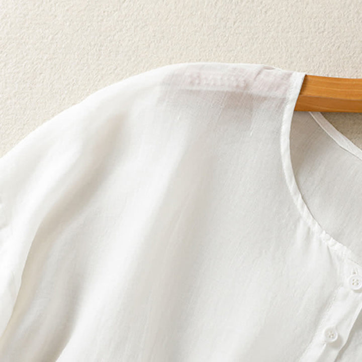 Camisa de manga corta para mujer, estilo bohemio casual de verano con estampado de Buddha Stones , bolsillo de parche, medio botón y manga acampanada. - image 20