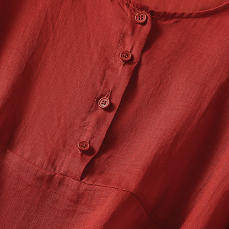 Camisa de manga corta para mujer, estilo bohemio casual de verano con estampado de Buddha Stones , bolsillo de parche, medio botón y manga acampanada. - image 12