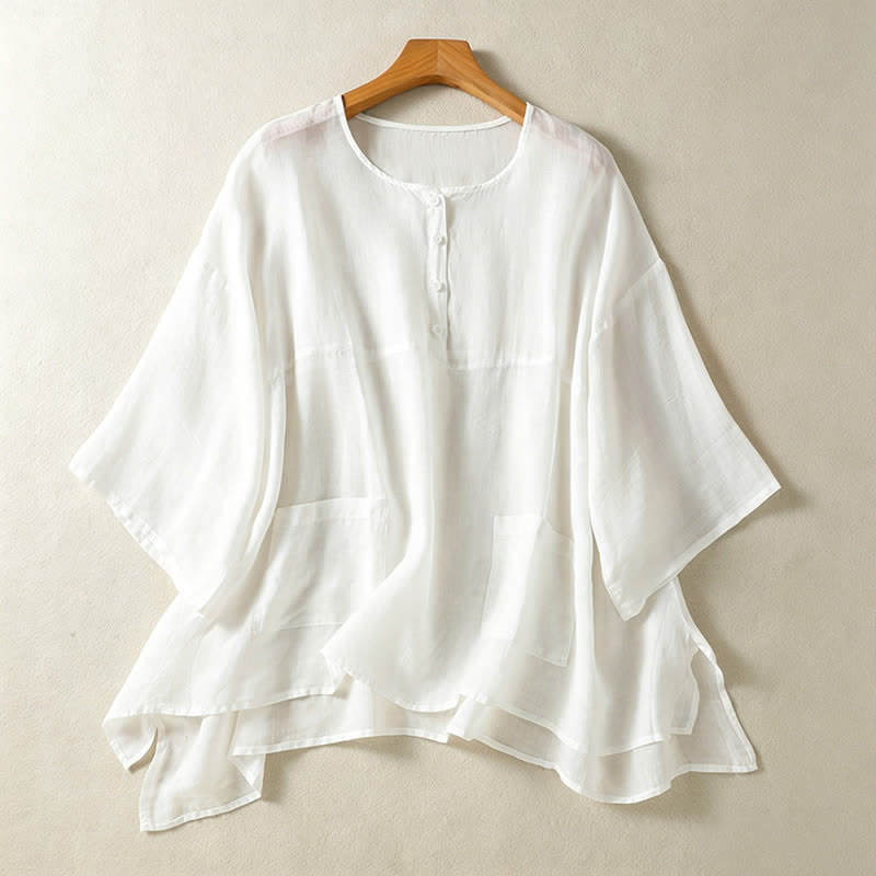 Camisa de manga corta para mujer, estilo bohemio casual de verano con estampado de Buddha Stones , bolsillo de parche, medio botón y manga acampanada. - Blanco - US14, UK/AU18, EU46 (2XL) - image 16