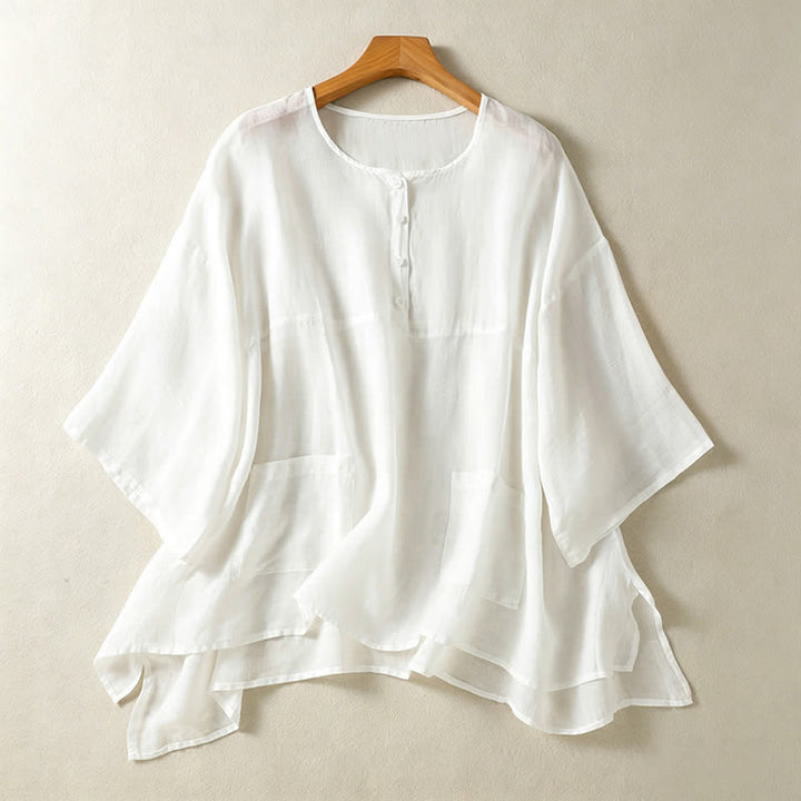 Camisa de manga corta para mujer, estilo bohemio casual de verano con estampado de Buddha Stones , bolsillo de parche, medio botón y manga acampanada. - Blanco - US14, UK/AU18, EU46 (2XL) - image 16