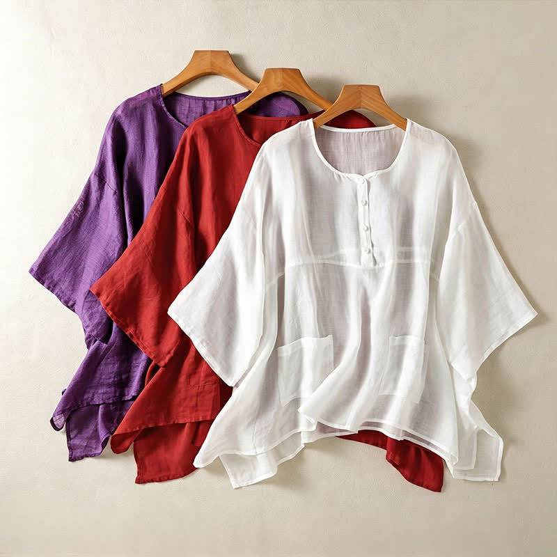 Camisa de manga corta para mujer, estilo bohemio casual de verano con estampado de Buddha Stones , bolsillo de parche, medio botón y manga acampanada. - image 24