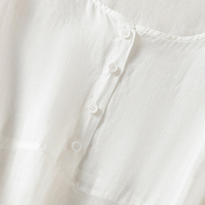 Camisa de manga corta para mujer, estilo bohemio casual de verano con estampado de Buddha Stones , bolsillo de parche, medio botón y manga acampanada. - image 21