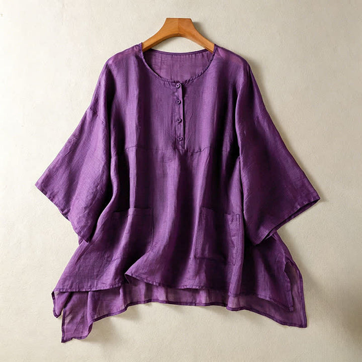 Camisa de manga corta para mujer, estilo bohemio casual de verano con estampado de Buddha Stones , bolsillo de parche, medio botón y manga acampanada. - RebeccaPurple - US14, UK/AU18, EU46 (2XL) - image 0