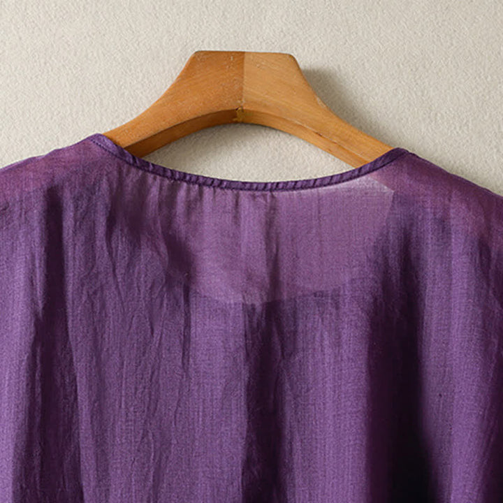 Camisa de manga corta para mujer, estilo bohemio casual de verano con estampado de Buddha Stones , bolsillo de parche, medio botón y manga acampanada. - image 3