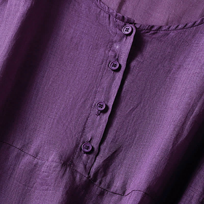 Camisa de manga corta para mujer, estilo bohemio casual de verano con estampado de Buddha Stones , bolsillo de parche, medio botón y manga acampanada. - image 4