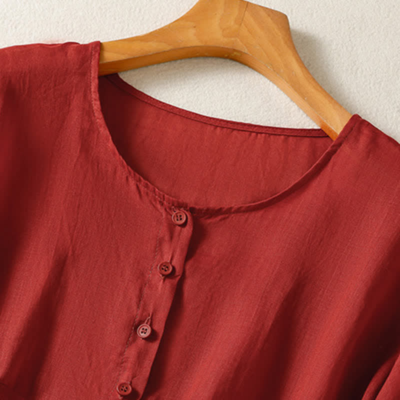 Camisa de manga corta para mujer, estilo bohemio casual de verano con estampado de Buddha Stones , bolsillo de parche, medio botón y manga acampanada. - image 10