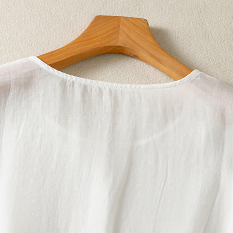 Camisa de manga corta para mujer, estilo bohemio casual de verano con estampado de Buddha Stones , bolsillo de parche, medio botón y manga acampanada. - image 19