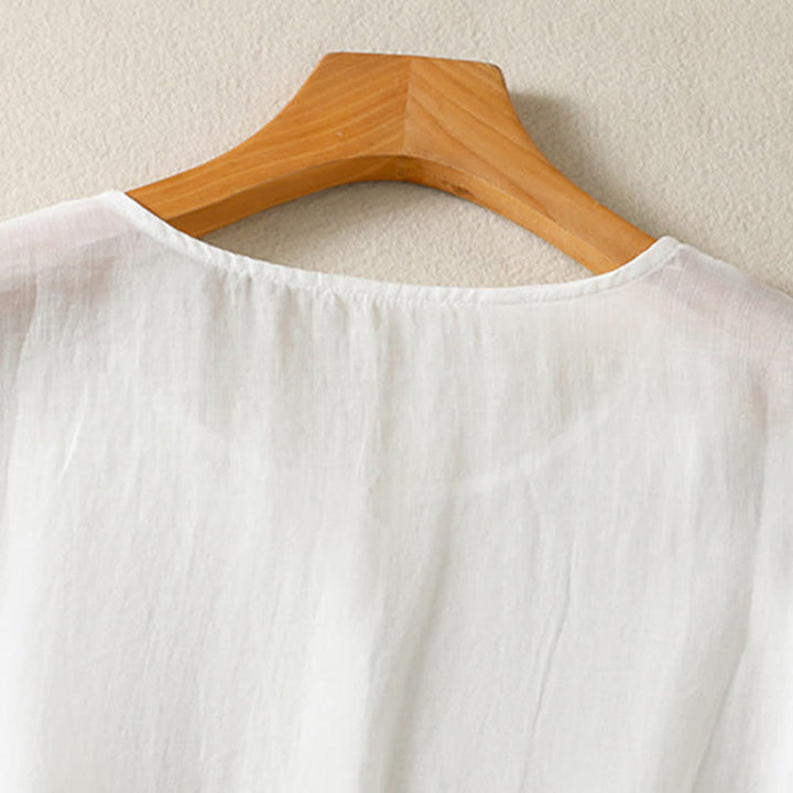 Camisa de manga corta para mujer, estilo bohemio casual de verano con estampado de Buddha Stones , bolsillo de parche, medio botón y manga acampanada. - image 19