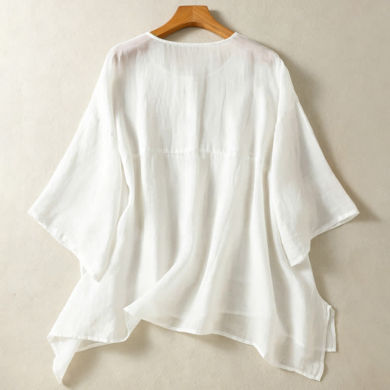 Camisa de manga corta para mujer, estilo bohemio casual de verano con estampado de Buddha Stones , bolsillo de parche, medio botón y manga acampanada. - image 17