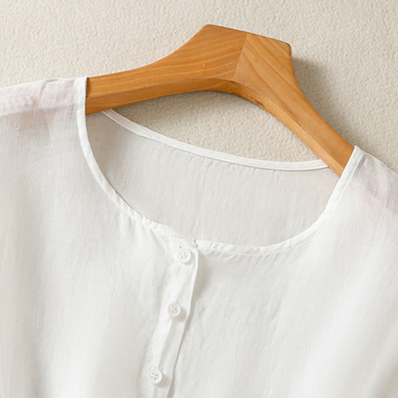 Camisa de manga corta para mujer, estilo bohemio casual de verano con estampado de Buddha Stones , bolsillo de parche, medio botón y manga acampanada. - image 18