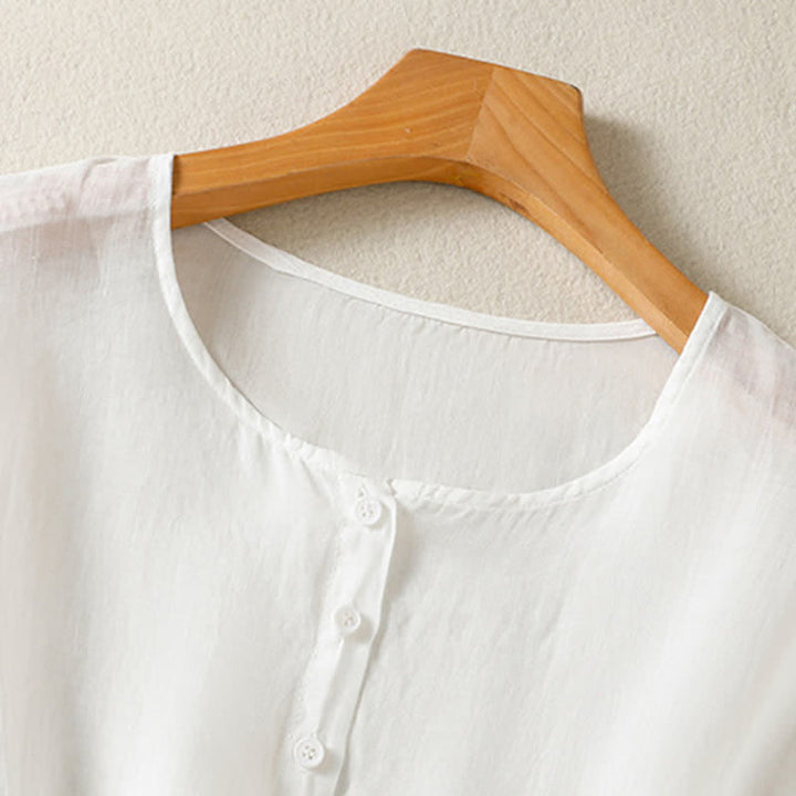 Camisa de manga corta para mujer, estilo bohemio casual de verano con estampado de Buddha Stones , bolsillo de parche, medio botón y manga acampanada. - image 18