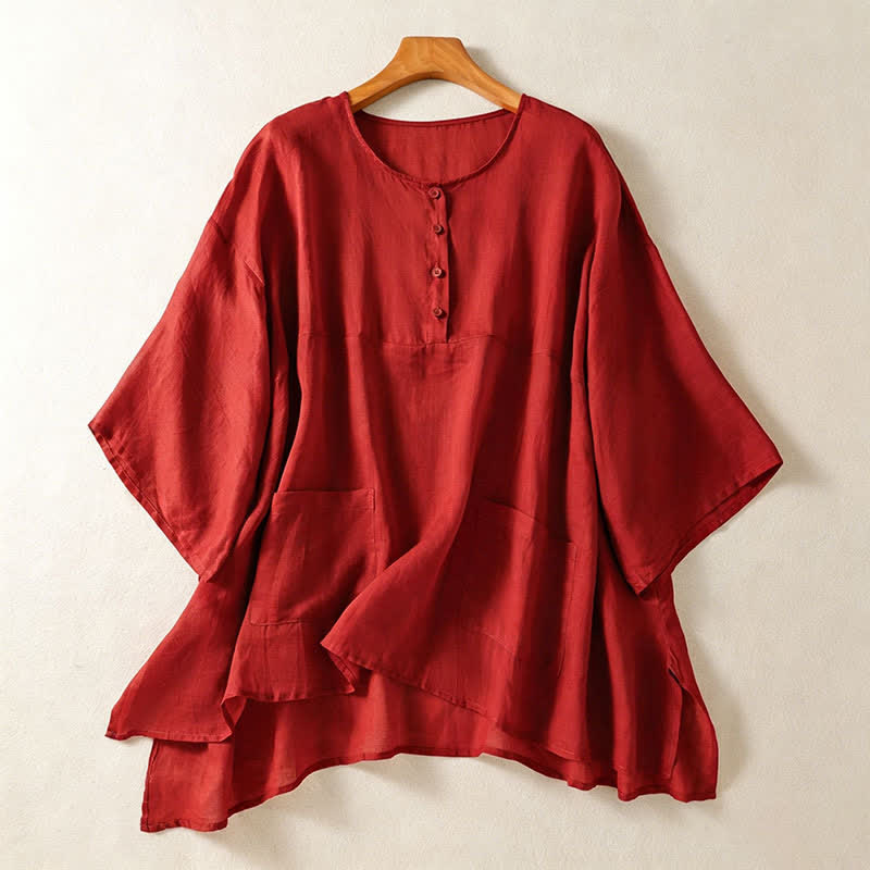 Camisa de manga corta para mujer, estilo bohemio casual de verano con estampado de Buddha Stones , bolsillo de parche, medio botón y manga acampanada. - Ladrillo refractario - US14, UK/AU18, EU46 (2XL) - image 8