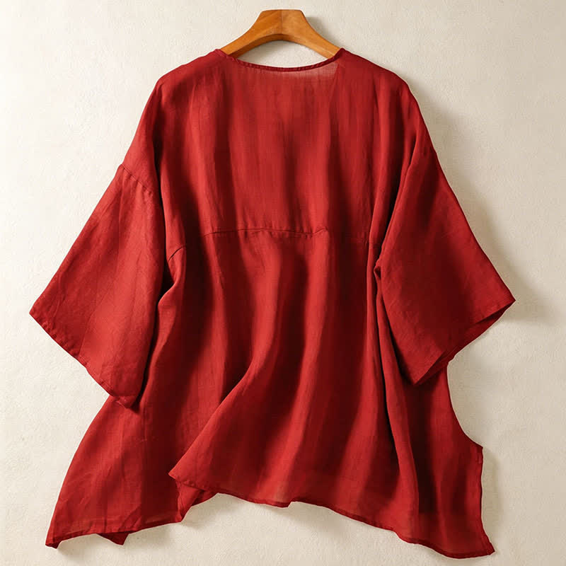 Camisa de manga corta para mujer, estilo bohemio casual de verano con estampado de Buddha Stones , bolsillo de parche, medio botón y manga acampanada. - image 9