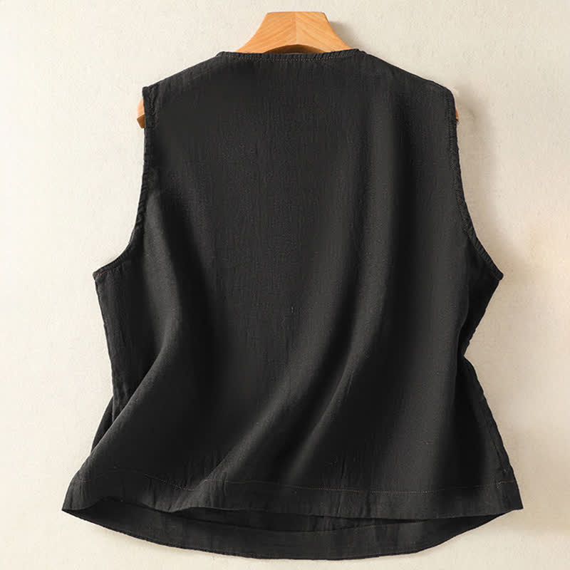 Buddha Stones Camiseta sin mangas minimalista de verano con botones y bolsillo de parche para mujer. - image 8