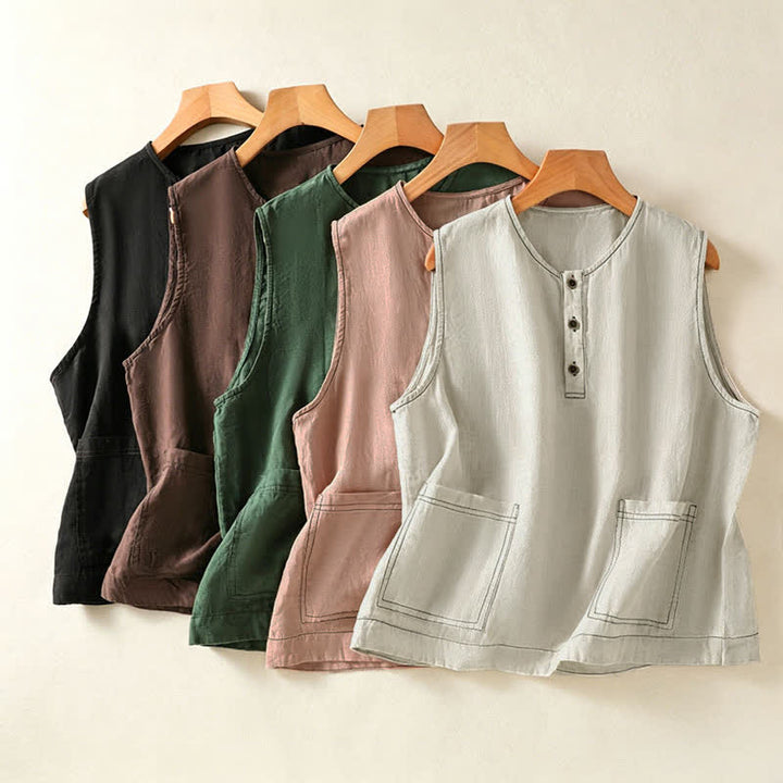 Buddha Stones Camiseta sin mangas minimalista de verano con botones y bolsillo de parche para mujer. - image 33