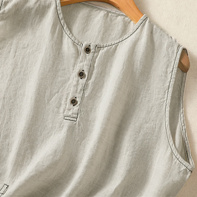 Buddha Stones Camiseta sin mangas minimalista de verano con botones y bolsillo de parche para mujer. - image 3