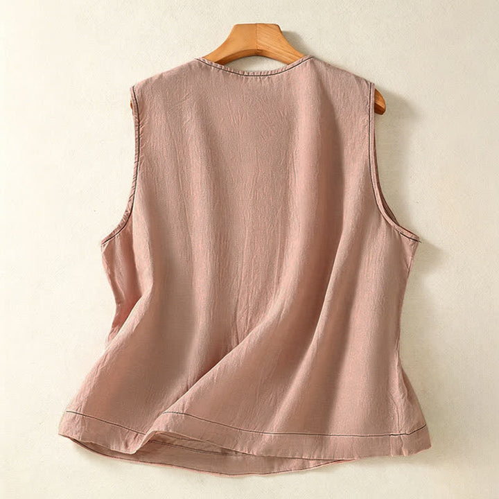 Buddha Stones Camiseta sin mangas minimalista de verano con botones y bolsillo de parche para mujer. - image 27