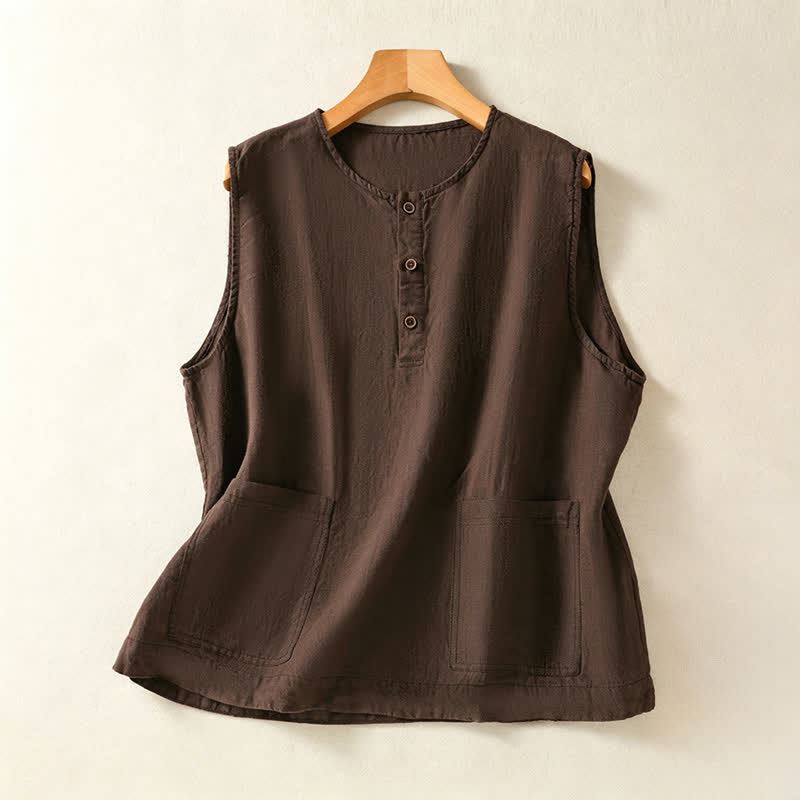 Buddha Stones Camiseta sin mangas minimalista de verano con botones y bolsillo de parche para mujer. - Marrón silla de montar - US12, UK/AU16, EU44 (2XL) - image 20