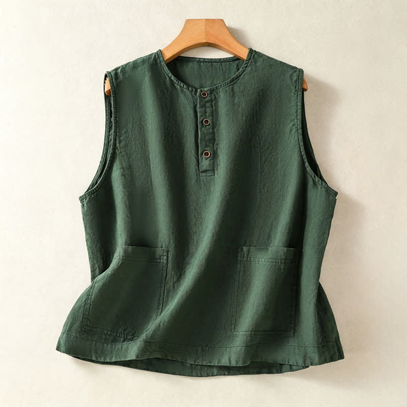 Buddha Stones Camiseta sin mangas minimalista de verano con botones y bolsillo de parche para mujer. - Verde bosque - US12, UK/AU16, EU44 (2XL) - image 13