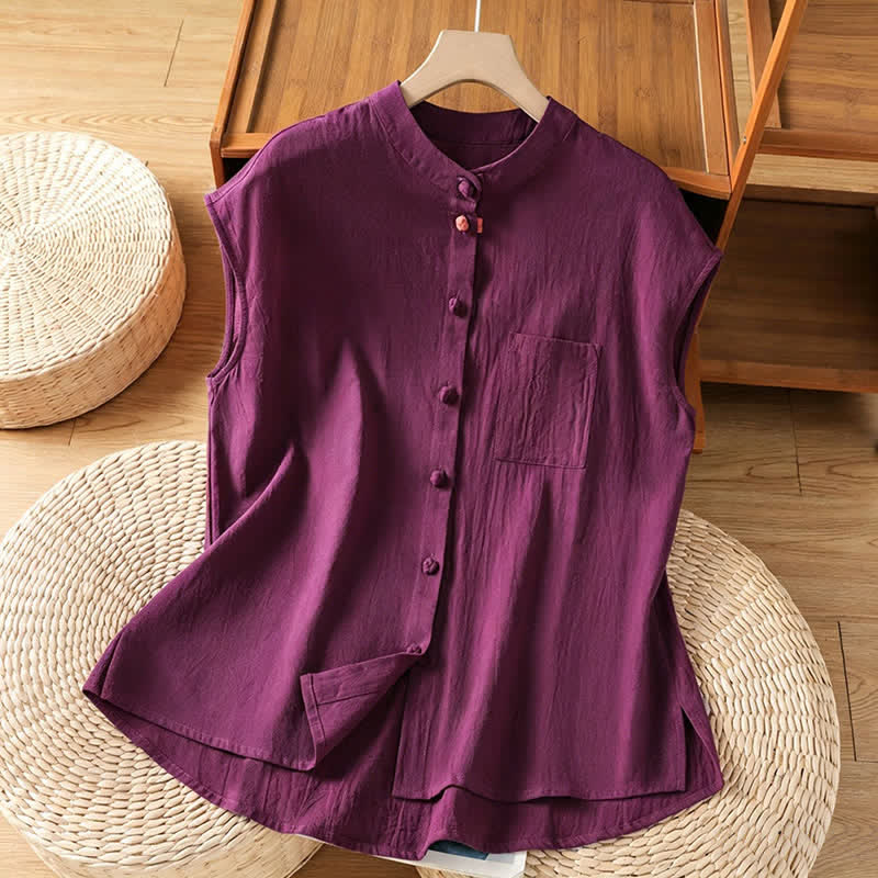 Buddha Stones Camiseta sin mangas de mujer estilo Tang informal con cuello mandarín, botones y bolsillo de parche. - Púrpura - US12, UK/AU16, EU44 (2XL) - image 16